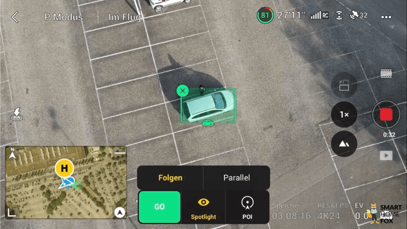 Das Auto wird für den ActiveTrack der DJI Mini 3 Pro Drohne in der DJI Fly App ausgewählt